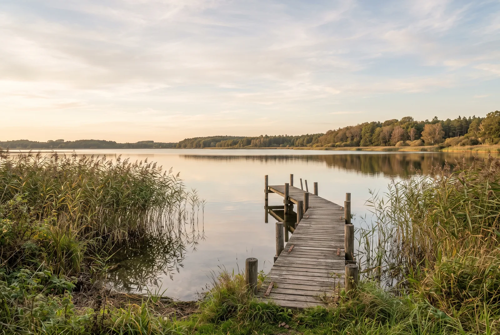 Flaches Boddenwasser mit Schilf und einem hölzernen Steg im Abendlicht