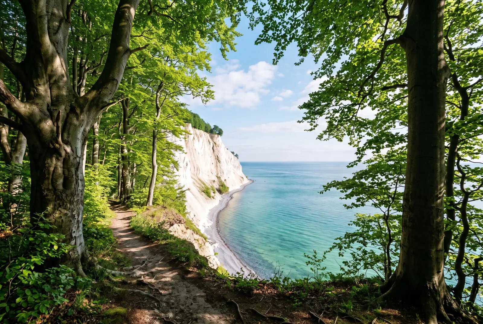 Weiße Kreidefelsen an der Ostsee, gesehen von einem Uferweg zwischen Buchen