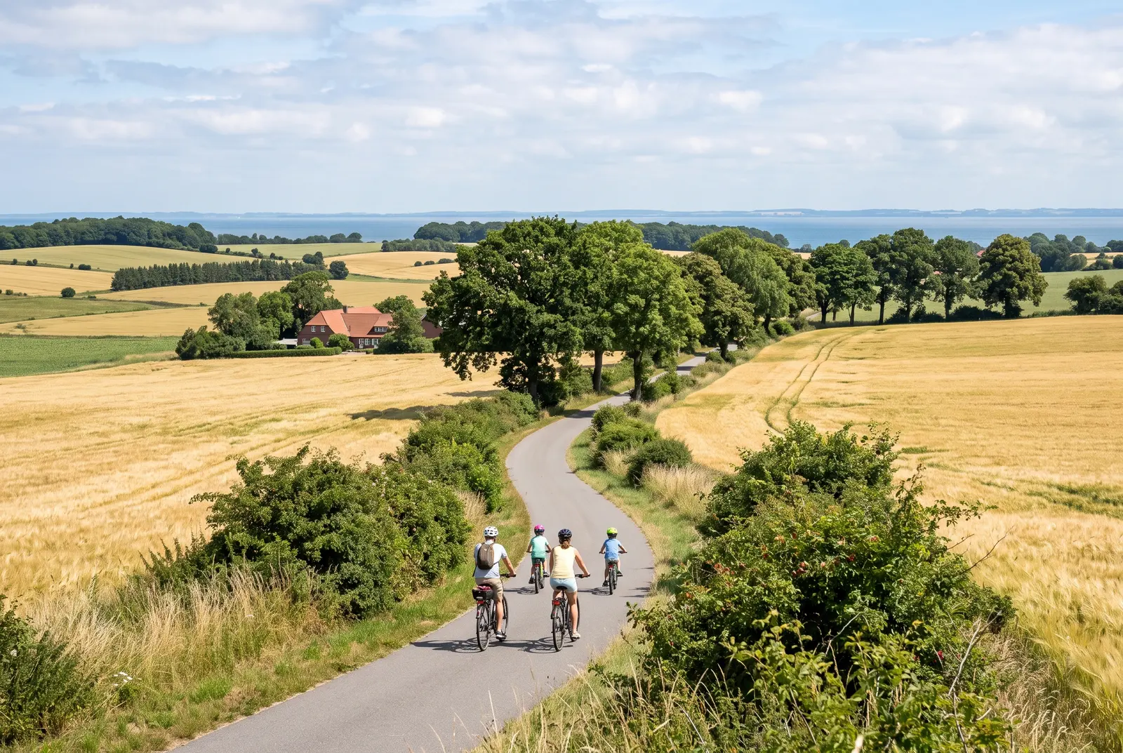 Radweg durch flaches Feld- und Baumland auf einer Ostseeinsel