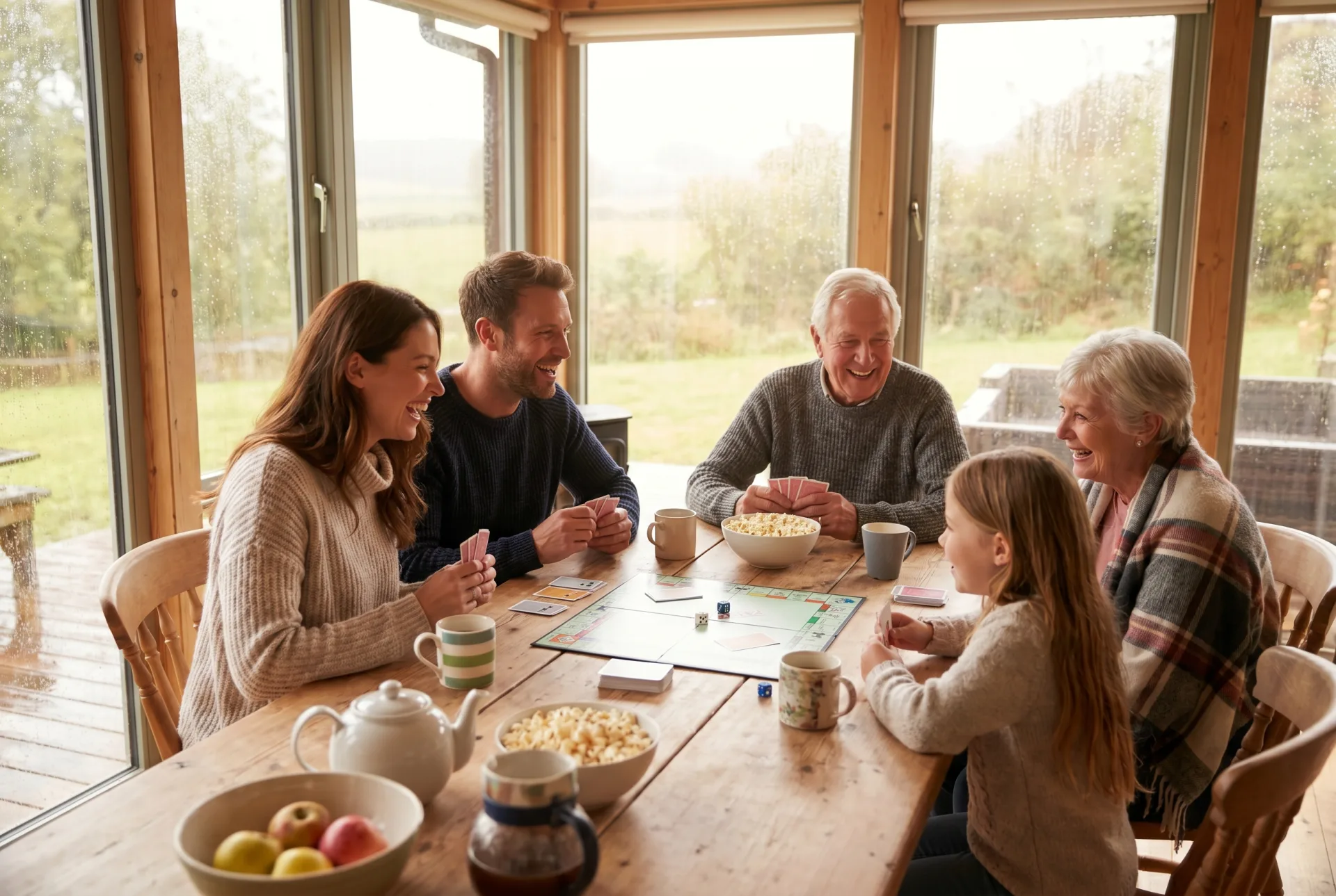 Familie spielt Brettspiel im Ferienhaus