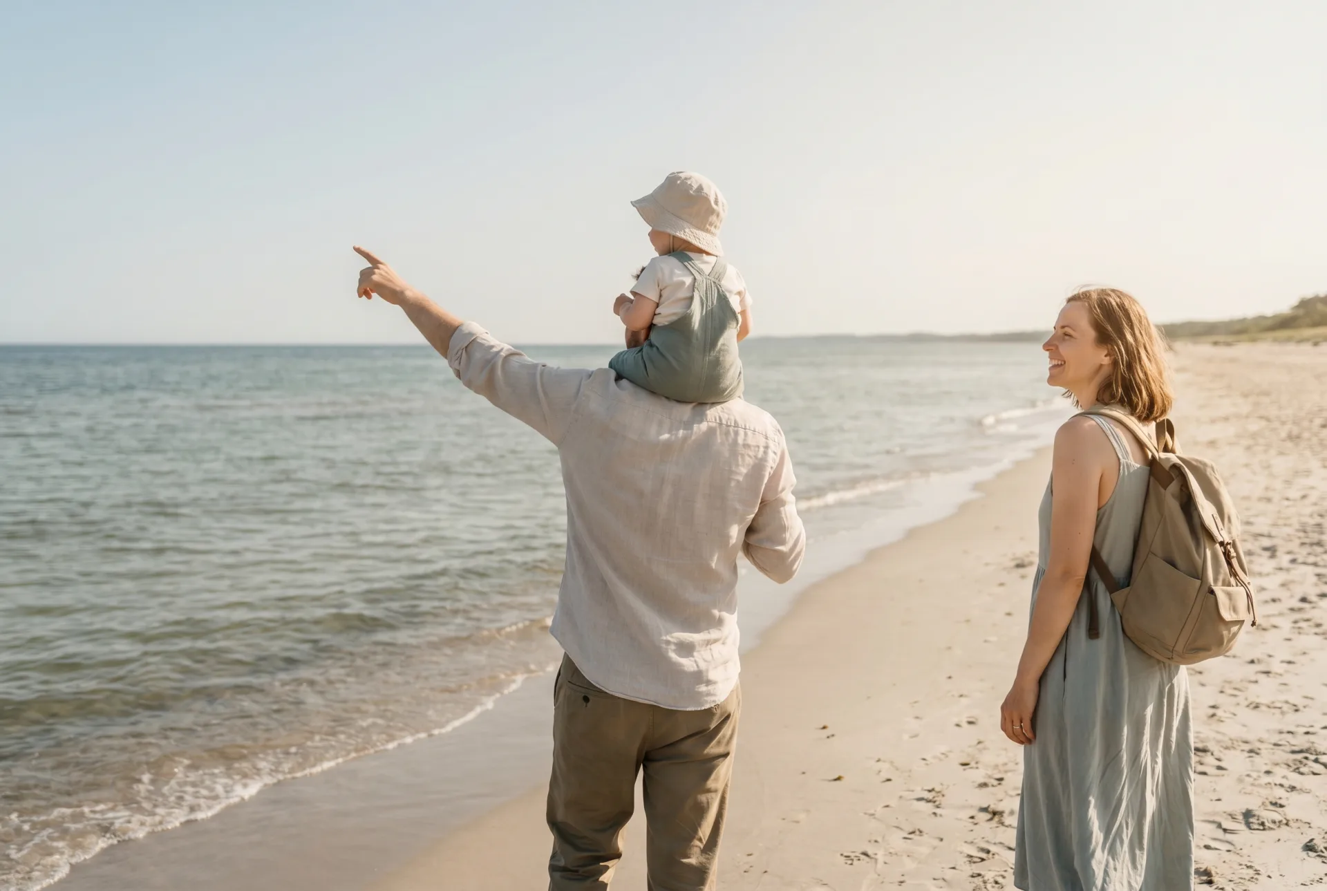 Vater mit Kind auf den Schultern am Strand