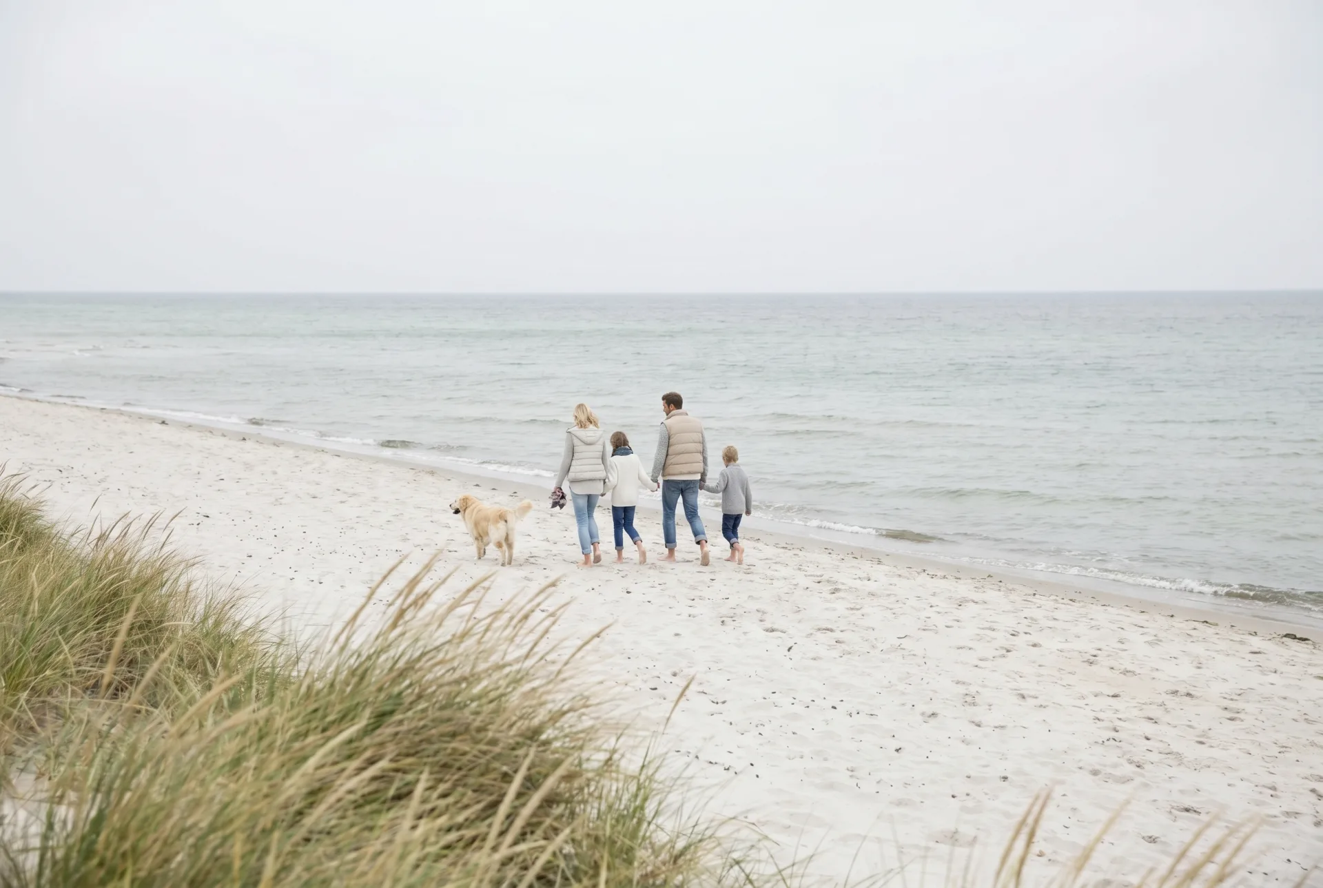 Familie mit Hund beim Strandspaziergang an der Ostsee