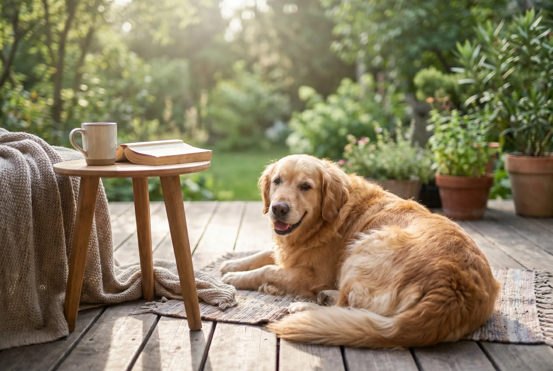 Hund entspannt auf der Terrasse einer Ferienwohnung